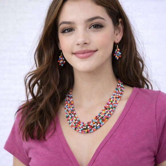 MultiColor Multi-String Beads Necklace With Matching Earrings - Picture 2 of 5